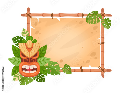 Tiki totem bamboo frame. Cartoon hawaiian or african tribal totem mask on sign board flat vector illustration. Bamboo frame with wooden aboriginal mask
