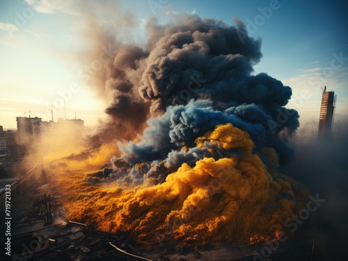 Chaos reigns as a massive explosion sends billowing smoke and scorching fire into the sky, polluting the air and unleashing a disaster of natural proportions with searing heat and towering clouds of 