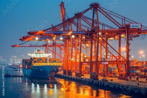 Container Cargo freight ship with working crane bridge in shipyard at dusk for Logistic Import Export background. AI generated