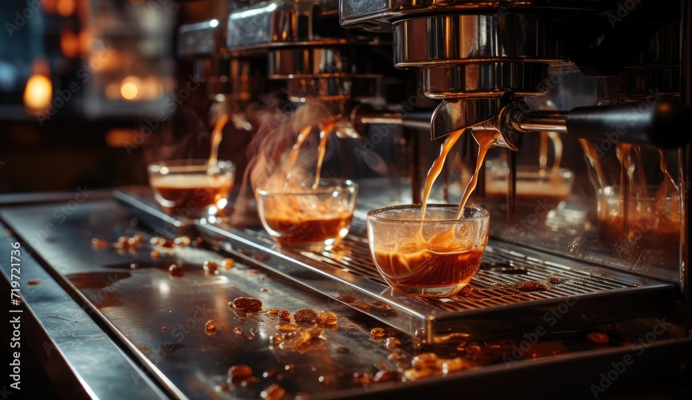 A cozy bar setting where a sleek coffee machine expertly pours rich brown liquid into delicate cups, beckoning guests to indulge in a warm and comforting alcoholic beverage amidst the inviting tablew A cozy bar setting where a sleek coffee machine expertly pours rich brown liquid into delicate cups, beckoning guests to indulge in a warm and comforting alcoholic beverage amidst the inviting tablew