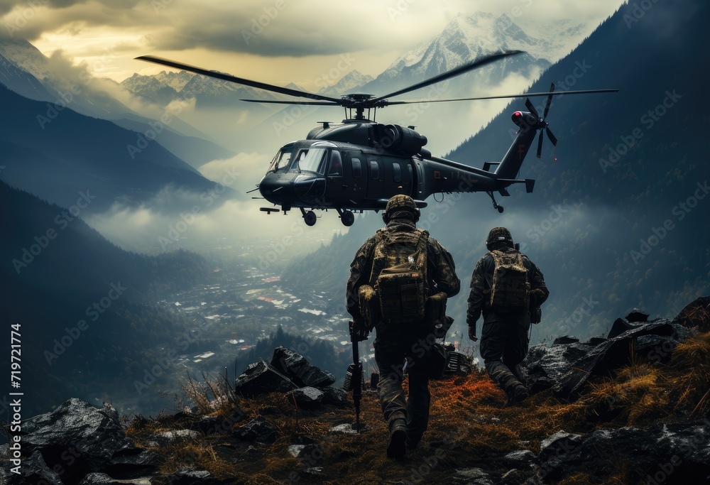 A daring group of hikers traversed the rugged mountain terrain, guided by the steady beat of the military helicopter's rotorcraft as it soared through the cloudy sky, a symbol of both transport and a A daring group of hikers traversed the rugged mountain terrain, guided by the steady beat of the military helicopter's rotorcraft as it soared through the cloudy sky, a symbol of both transport and a