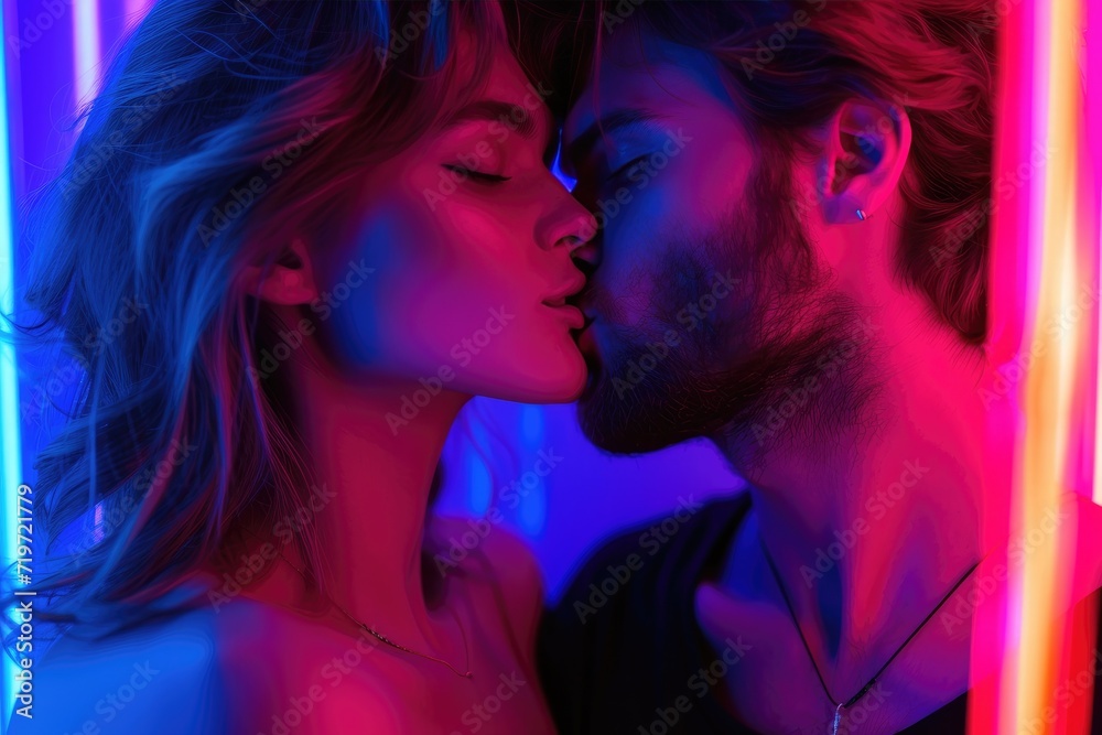 Beautiful couple in love kissing, neon lights Beautiful couple in love kissing, neon lights