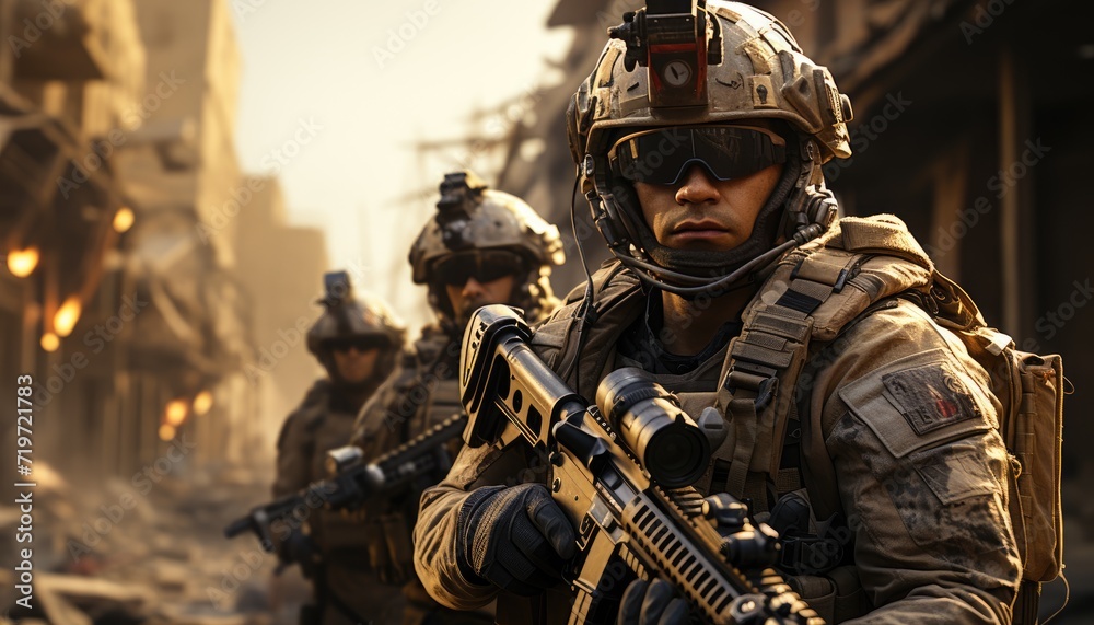 A group of soldiers clad in military attire, brandishing their weapons and sporting protective gear, stand ready for combat in the midst of a sprawling outdoor landscape A group of soldiers clad in military attire, brandishing their weapons and sporting protective gear, stand ready for combat in the midst of a sprawling outdoor landscape