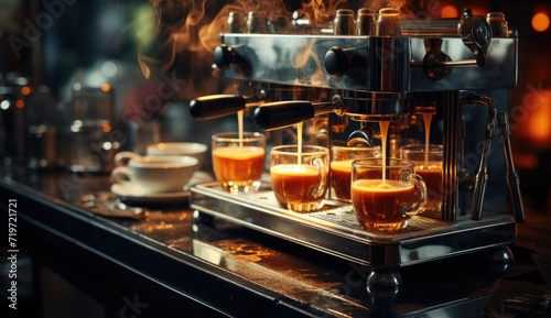 A sleek kitchen appliance in a bustling restaurant, the coffee machine whirs to life, pouring out steaming cups of aromatic drink for patrons to enjoy © LifeMedia