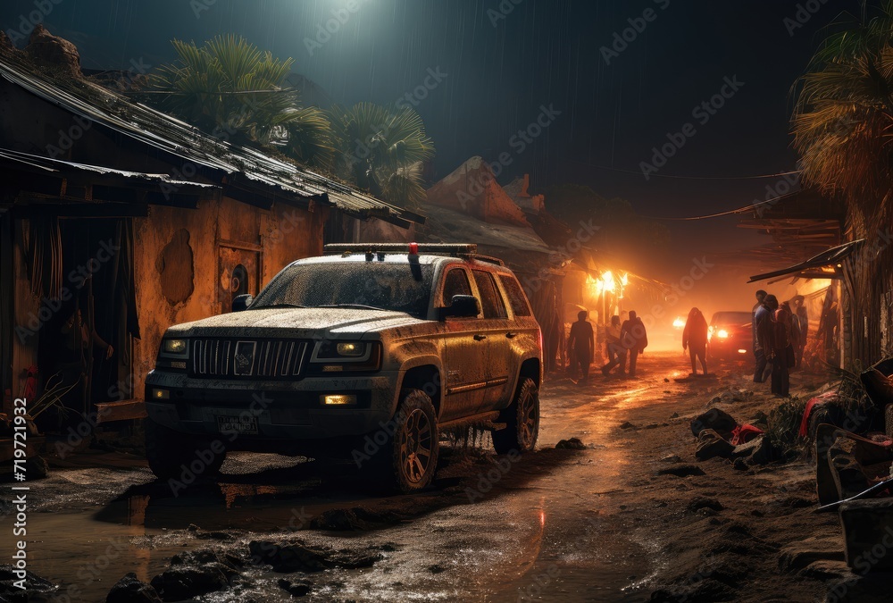 Amidst the quiet night, a sturdy jeep rests on a dirt road as its weary travelers take a moment to stretch their legs and admire the rugged beauty of their surroundings