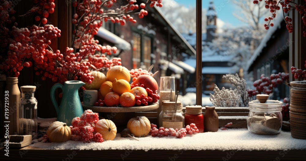 The contrast of a bowl filled with fresh, vibrant fruit and berries against the backdrop of a snowy winter landscape seen through a window creates a captivating still life, capturing the essence of b