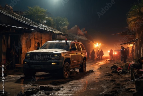 Amidst the quiet night  a sturdy jeep rests on a dirt road as its weary travelers take a moment to stretch their legs and admire the rugged beauty of their surroundings