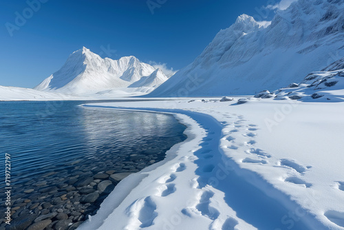 snowy coast, arctic landscape with mountain and lake