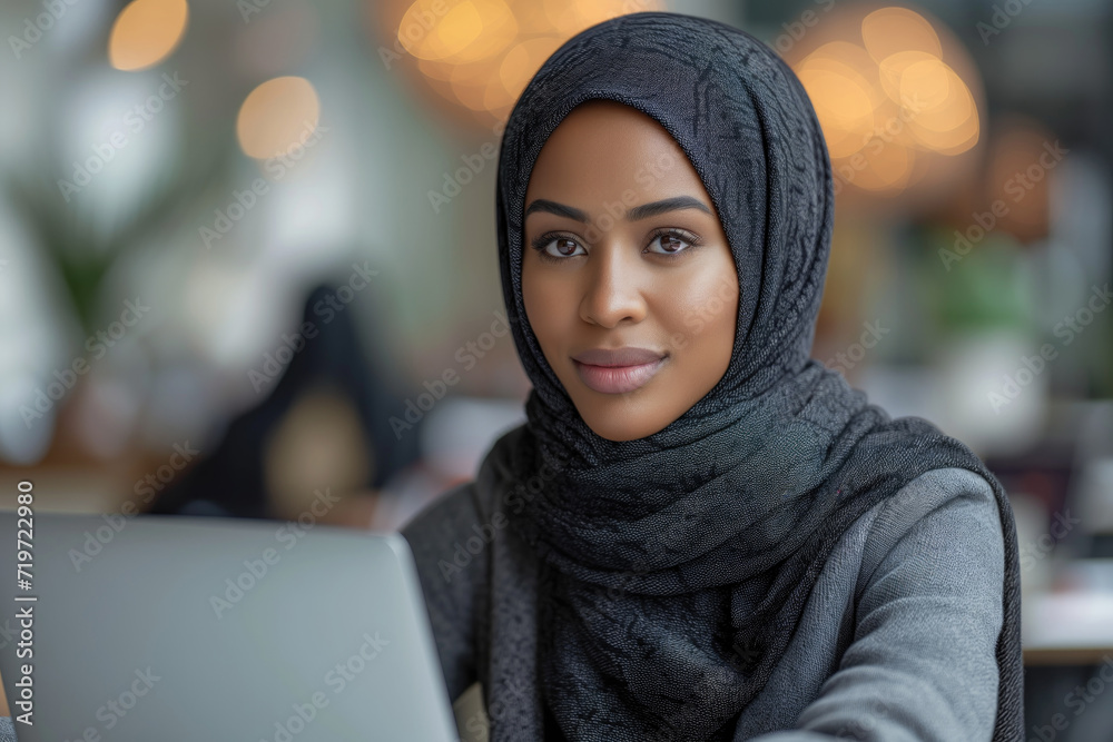 young woman in hijab working at a computer in a futuristic office young woman in hijab working at a computer in a futuristic office
