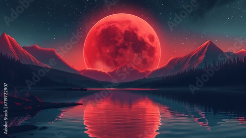 Silhouette moon over mountain lake