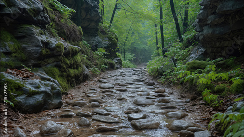 rocky road in a mountain gorge has become a stream bed during the rain