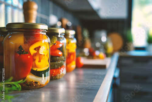 Close up of a jar of pickled vegetables on a kitchen counter