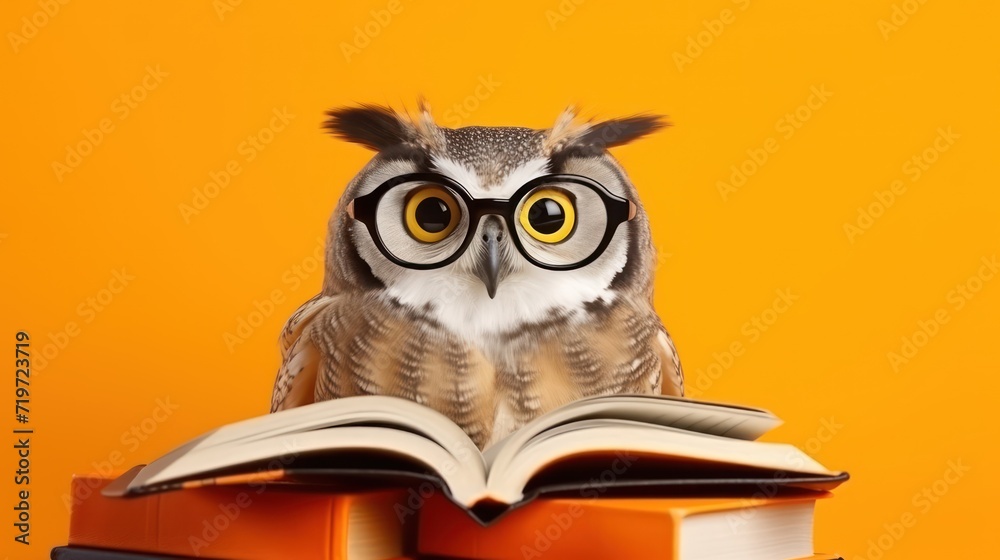 Smart owl bird in glasses reading a book isolated on yellow background. AI generated image