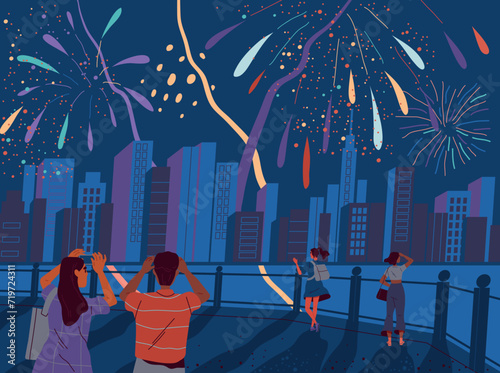 People watching festive fireworks. Happy men and women walk through night city and celebrate summer holiday. Cityscape with bright sparks. Design for postcard. Cartoon flat vector illustration