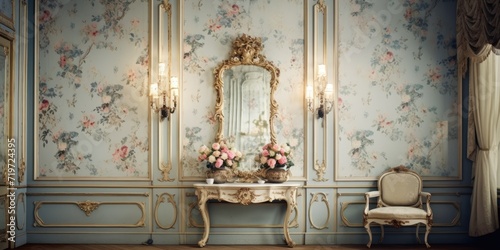 Elegant rococo-style room with vintage wallpaper in a classic royal home. photo