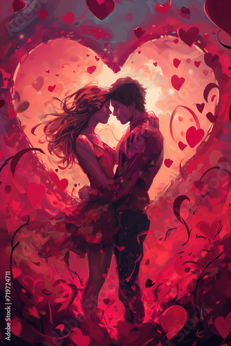 A romantic and artistic illustration showcasing two people in a passionate embrace, surrounded by an abstract heart-shaped pattern filled with smaller hearts, exuding warmth and love.