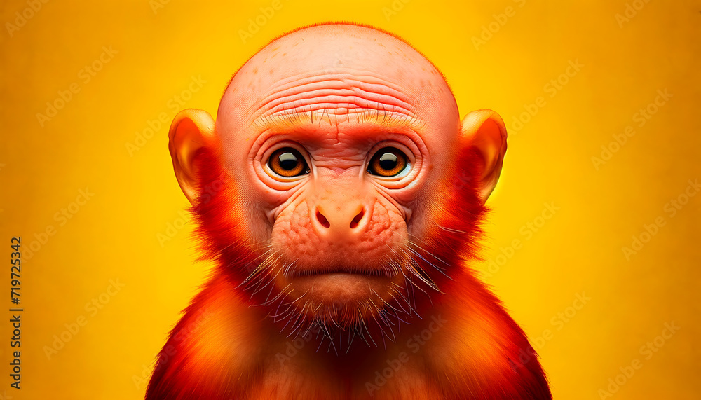 A close-up frontal view of a bald uakari on a yellow background