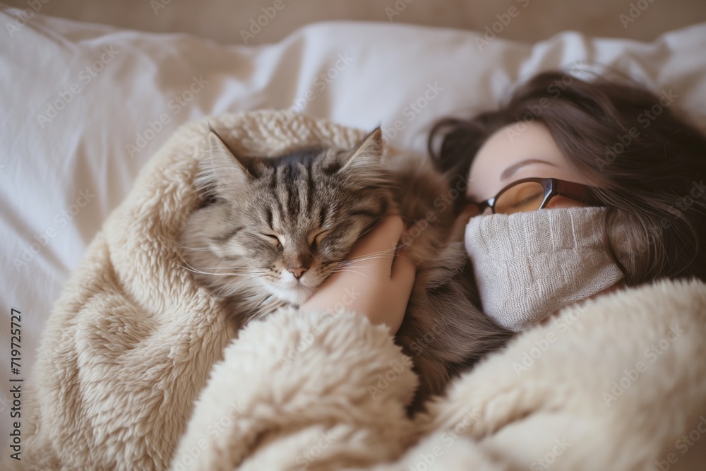 Young woman and fluffy cat share serene nap under a soft blanket. Heating in winter, cold in the house. Cozy Nap with Fluffy Cat. Pets cozy homes Young woman and fluffy cat share serene nap under a soft blanket. Heating in winter, cold in the house. Cozy Nap with Fluffy Cat. Pets cozy homes