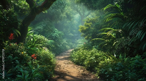 Jungle background. A beautiful path through the impenetrable jungle. Mysterious impenetrable jungle overgrown with exotic plants. Background. Tropical paradise. Generative AI