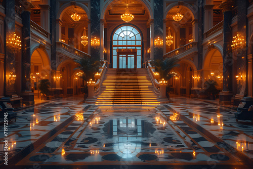 A luxurious hotel lobby with marble floors and elegant chandeliers, featuring a grand staircase and doorman. Created with generative AI.