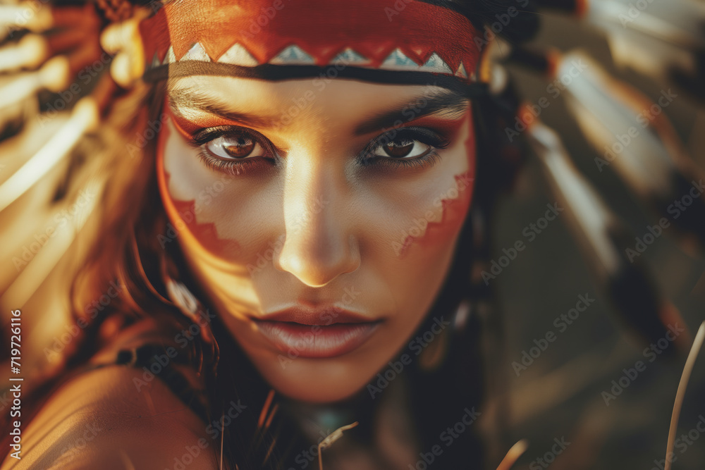 Close-up portrait of an indigenous young woman adorned with ceremonial war paint and headdress. Native American Indian Close-up portrait of an indigenous young woman adorned with ceremonial war paint and headdress. Native American Indian