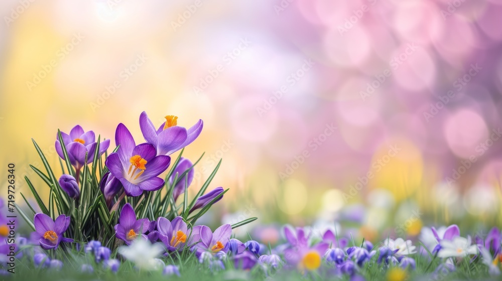 Lush purple crocuses bloom against a dreamy spring backdrop