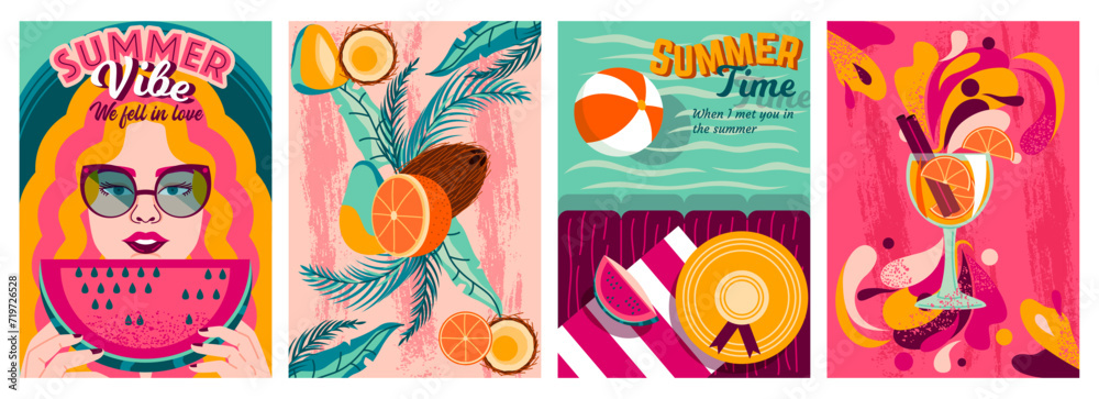 Set of Summer vibe posters. Sunny postcards with girl eating watermelon, refreshing cocktail, sea beach and exotic fruits. Cover design. Cartoon flat vector illustrations isolated on white background - obrazy, fototapety, plakaty 