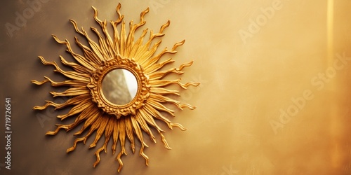 Sun-shaped mirror made of gold, on a contrasting wall.