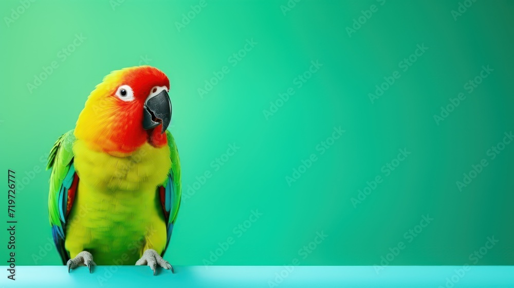 Beautiful green lovebird parrot isolated copy space on light green background