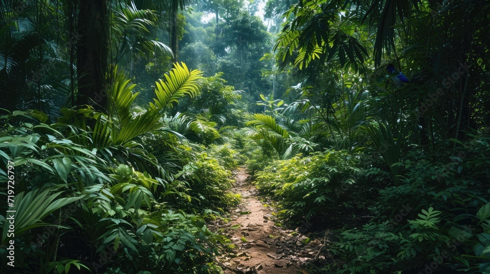 Fototapeta premium Jungle background. A beautiful path through the impenetrable jungle. Mysterious impenetrable jungle overgrown with exotic plants. Background. Tropical paradise. Generative AI