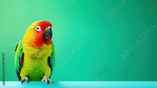 Beautiful green lovebird parrot isolated copy space on light green background photo