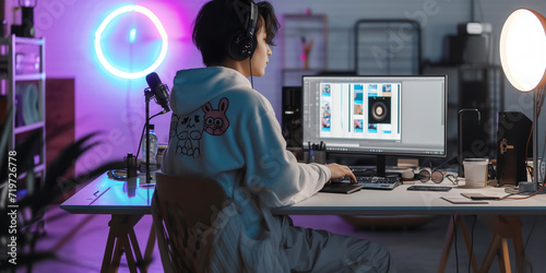 Designer Illustrator working in a modern studio with dual screens and a ring light photo