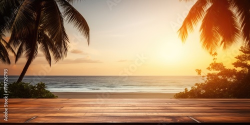 Wooden table product display with tropical beach background at sunset.