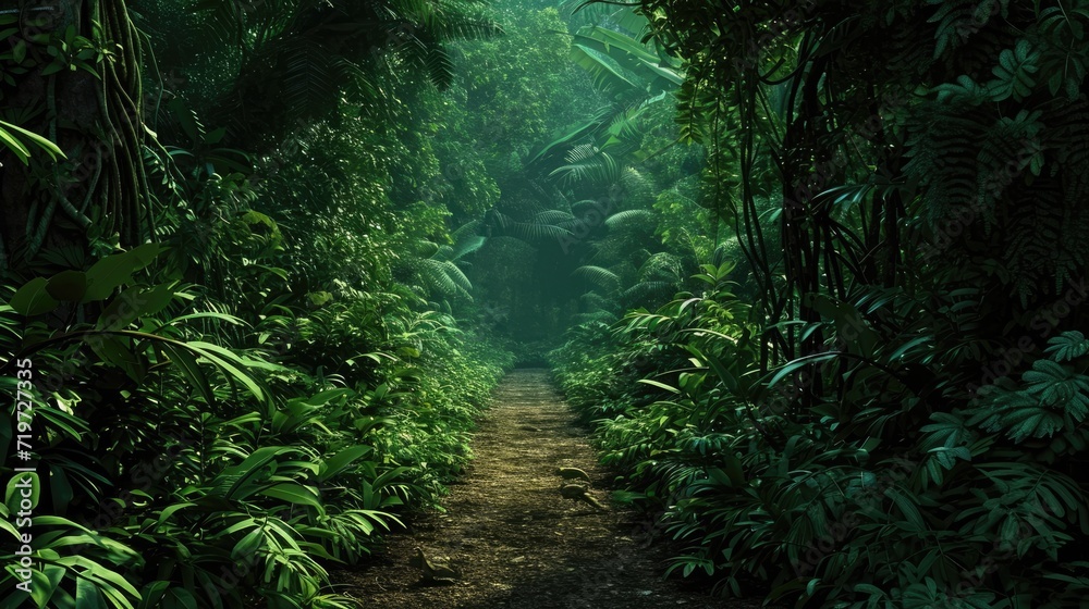 Fototapeta premium Jungle background. A beautiful path through the impenetrable jungle. Mysterious impenetrable jungle overgrown with exotic plants. Background. Tropical paradise. Generative AI