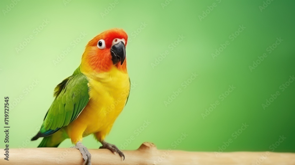 Fototapeta premium Beautiful green lovebird parrot isolated copy space on light green background