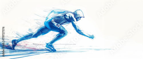 Dynamic watercolor sketch of a sprinter crouched at the starting block, embodying the anticipation and burst of speed characteristic of the Summer Olympics