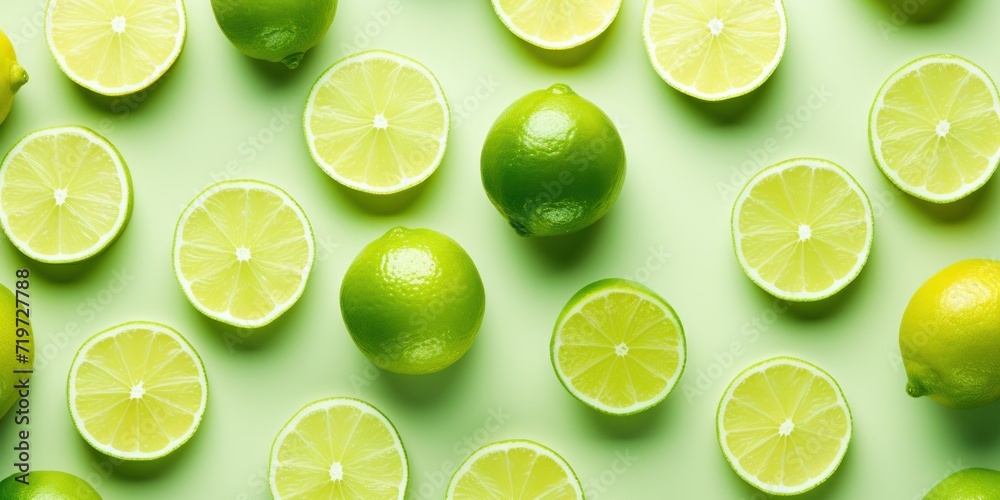 Scattered Whole and Sliced Limes on a Light Green Background. Top View of Citrus Fruits. Generative AI