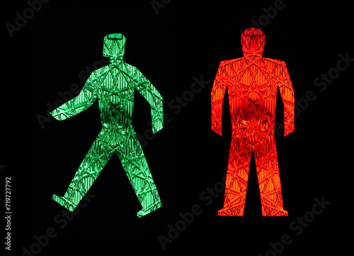 A green traffic light man moves away from a stationary red one, pictograms, pedestrian