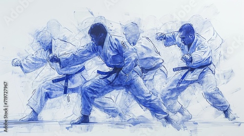 Martial artists in karate gi depicted in motion, their dynamic forms and intense focus showcasing the discipline's inclusion in the Summer Olympics in Paris. photo