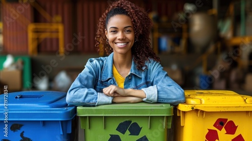 A woman sitting on top of three recycling bins with a smile, AI