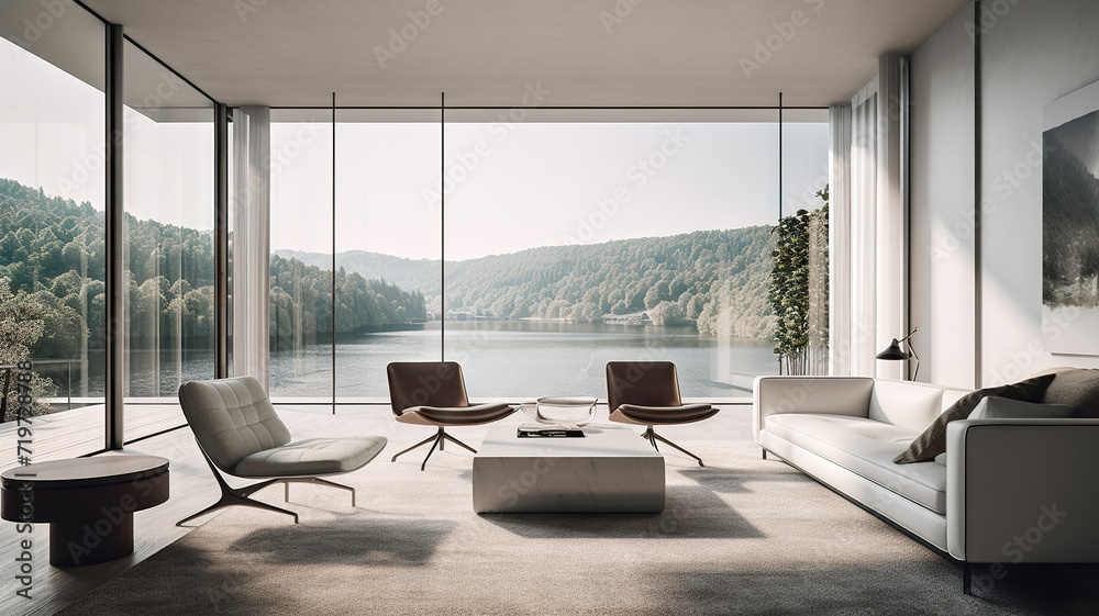 Fototapeta premium Modern design living room interior photo rendering with large windows and lake view - AI generative
