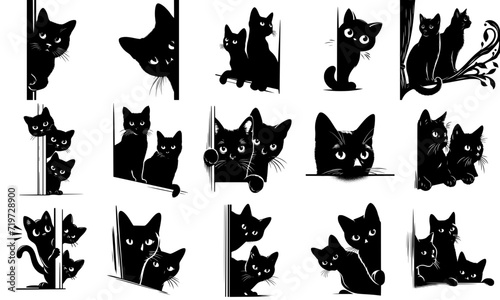 Black Cat Silhouette Outline Vector Set