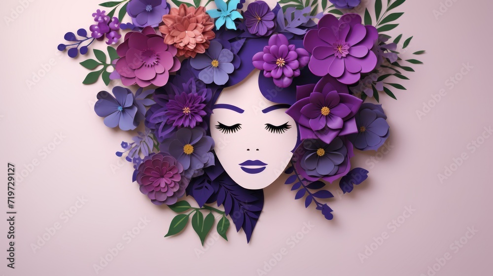 Illustration abstract drawing beautiful woman with flowers around in her hairs. AI generated image
