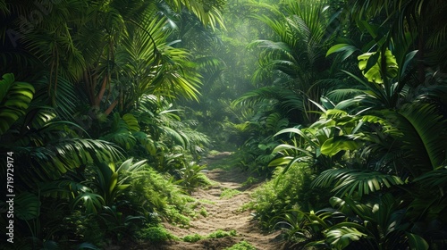 Jungle background. A beautiful path through the impenetrable jungle. Mysterious impenetrable jungle overgrown with exotic plants. Background. Tropical paradise. Generative AI