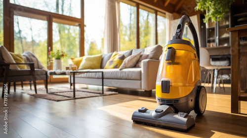 Portable canister vacuum cleaner standing on a hardwood floor in a sunlit living room, symbolizing an inviting and well-kept home environment. © Liana