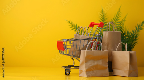 Shopping Cart Overflowing With Bags of Purchases Next to a Potted Plant