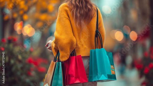 Woman Walking Down a Busy City Street Holding Shopping Bags