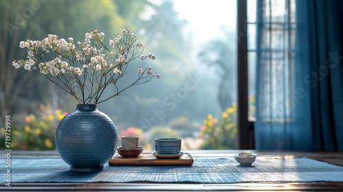 Calming Asian home with flowers looking outside