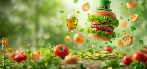 St Patricks holiday burger, levitation. Irish St Patricks day burger with beer, wooden bar table with clover, crackers, leprechaun hat 