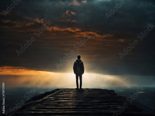 Man Standing on Top of Pier Under Cloudy Sky. Generative AI.
